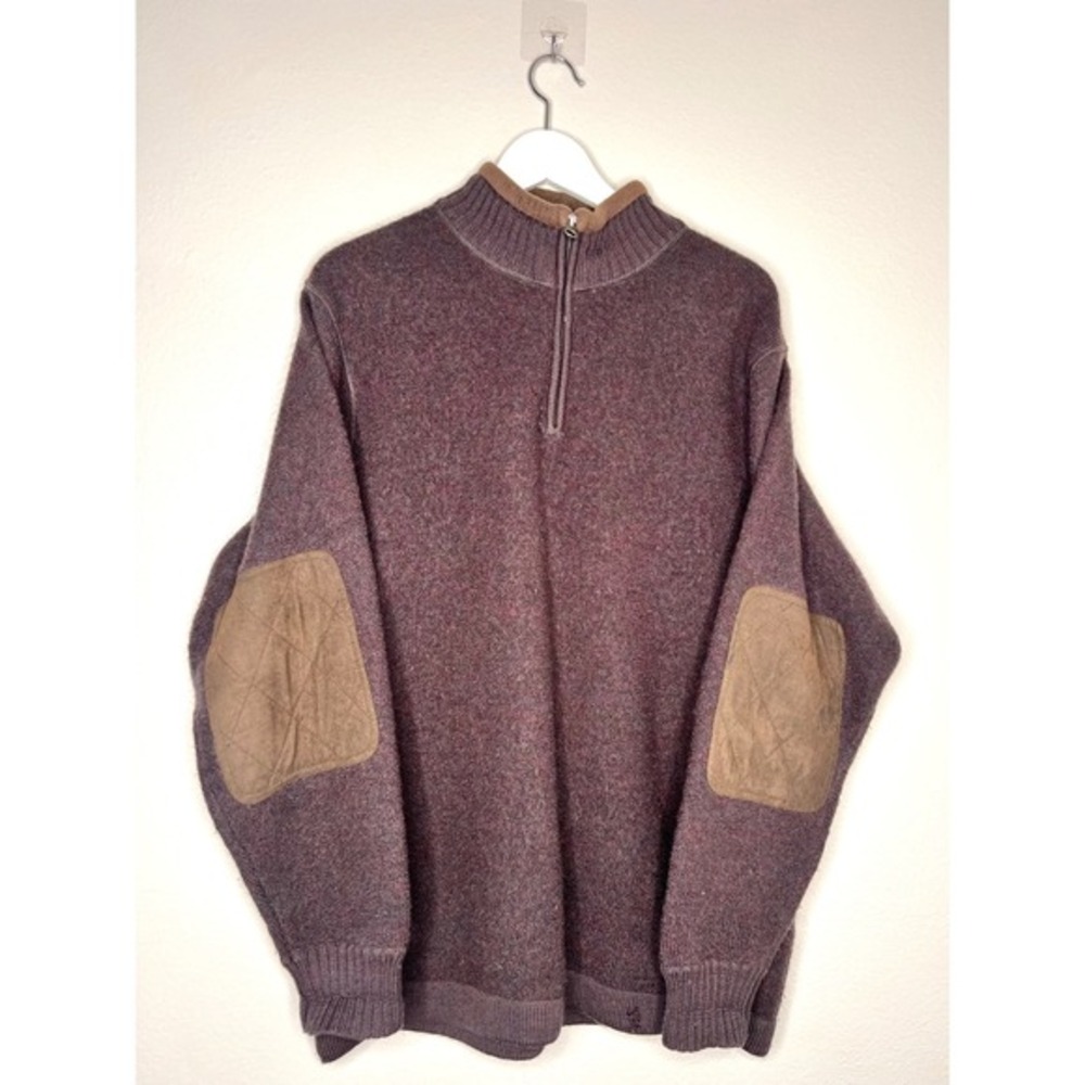 Woolrich Mens 100% Wool Quarter Zip‎ Sweater brown Elbow Patches  M